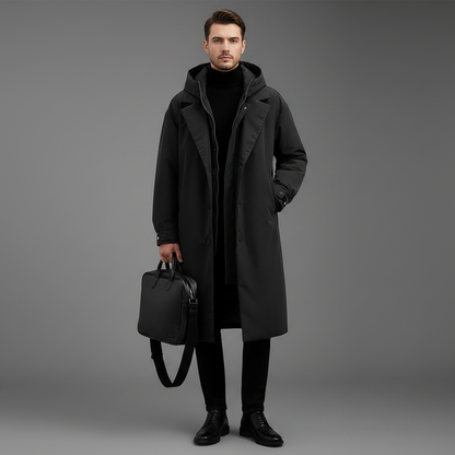 Men's Waterproof Puffer Trench Coat | Long Hooded Jacket