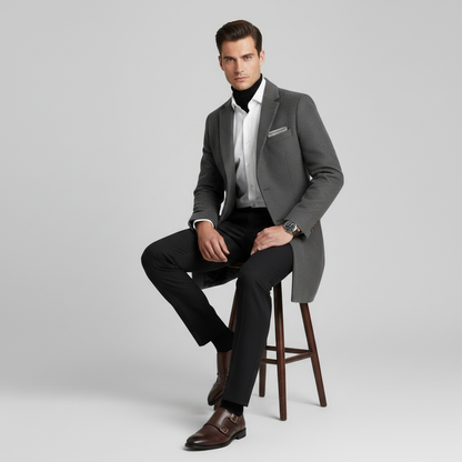 Men's Long Overcoat | Stylish Notched Lapel Design