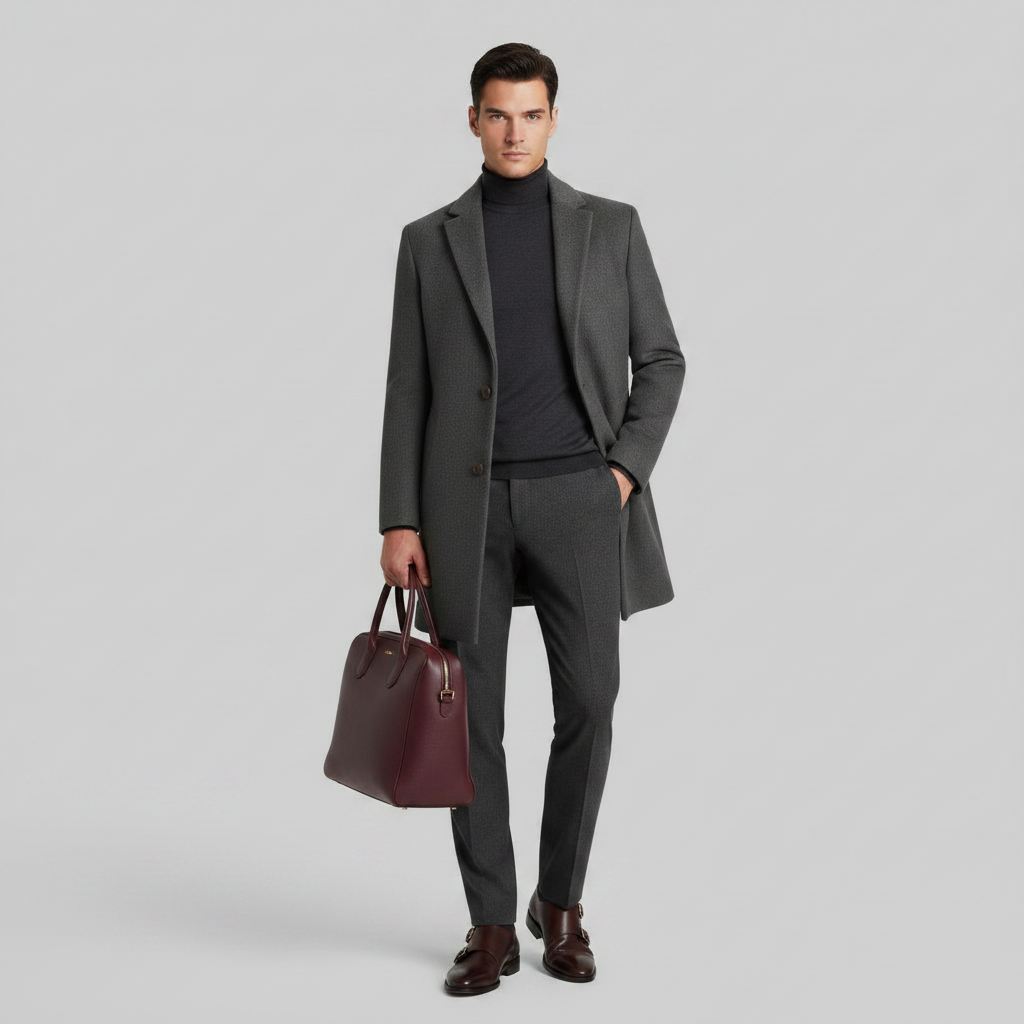 Men's Long Overcoat | Stylish Notched Lapel Design